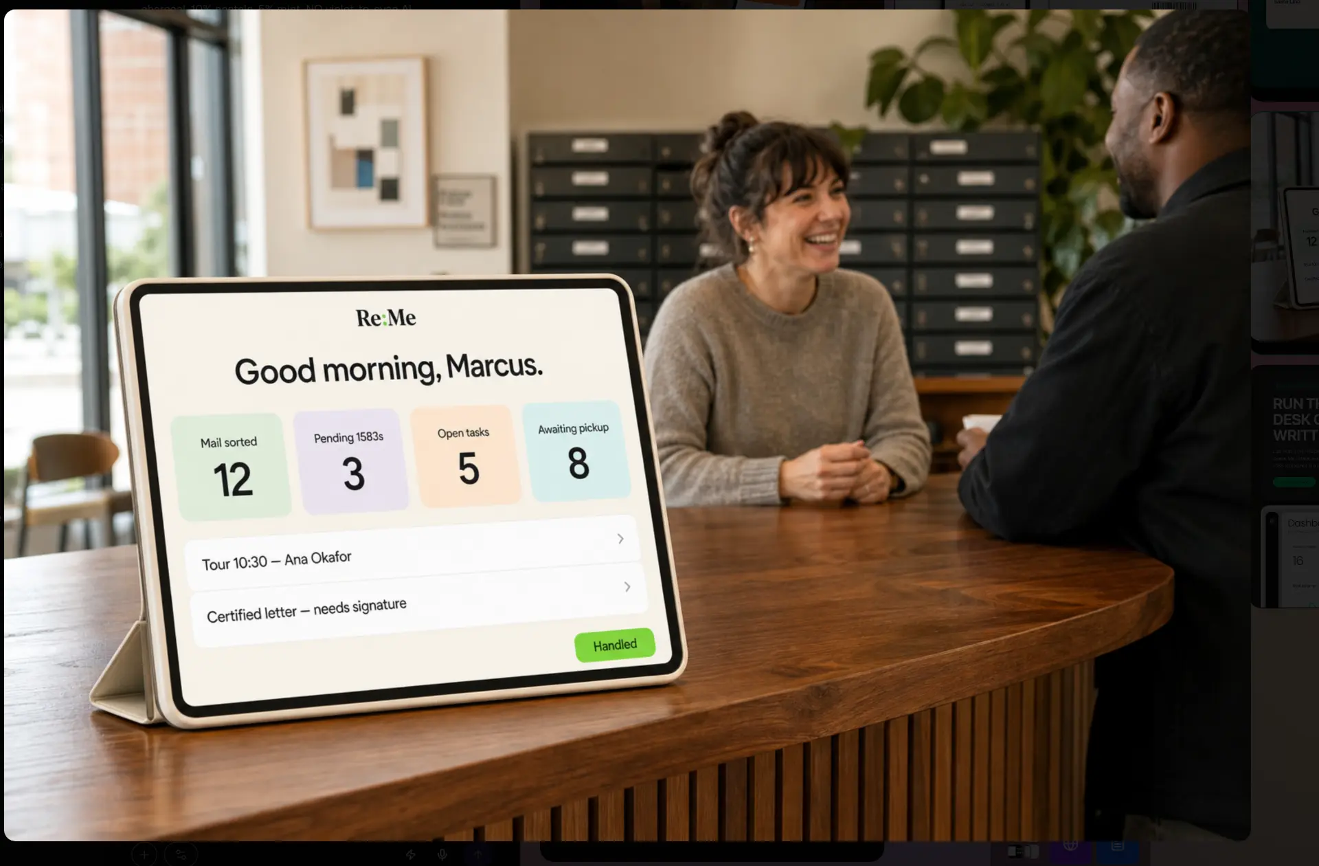 A member chatting with reception staff while a tablet on the front desk shows the Re:Me morning summary: mail sorted, pending 1583s, open tasks and awaiting pickup.